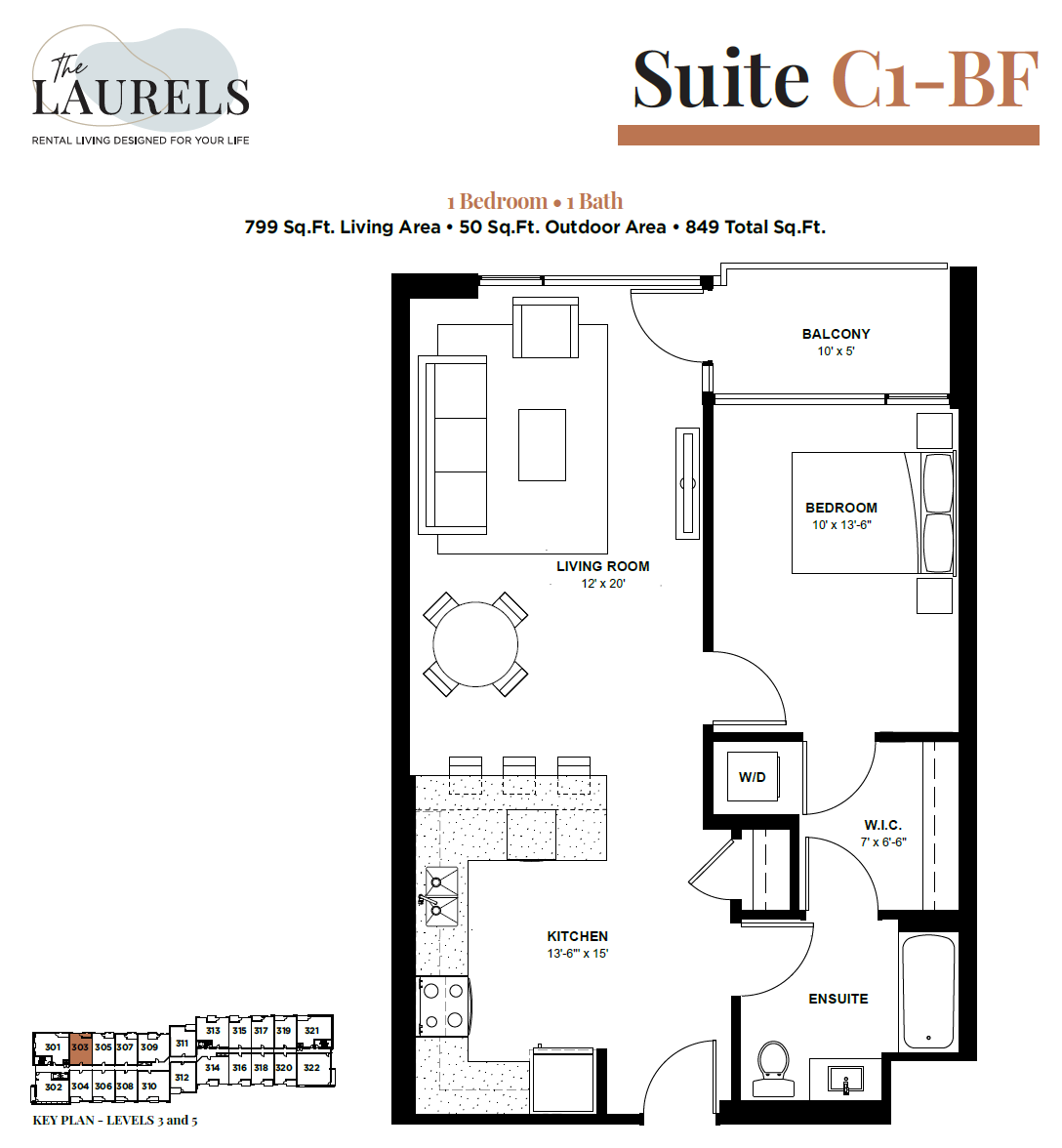 Floor plan for 1 bed, 1 bath, 799 sqft